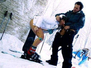 Scorching stunner on skis hookup in the snow bodacious